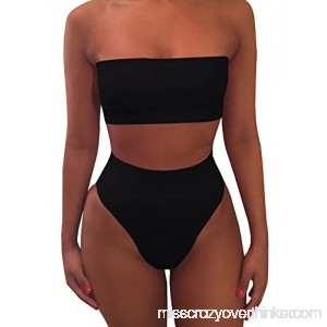 chimikeey Womens Sexy High Waisted Strapless Bandeau Plain Two Piece Bikini Swimsuits Bathing Suit Black B079DML71S